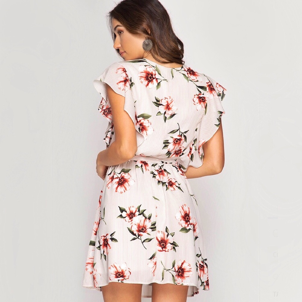 Ruffle Sleeve Floral Striped Surplice Dress - Picture 3 of 9